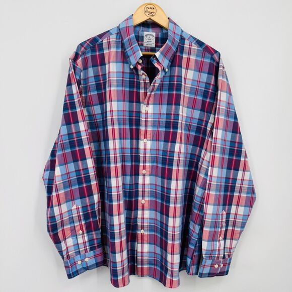 Brooks Brothers Regent Fit Men's Shirt XL Red Blue Plaid Button Down Long Sleeve - Picture 1 of 10
